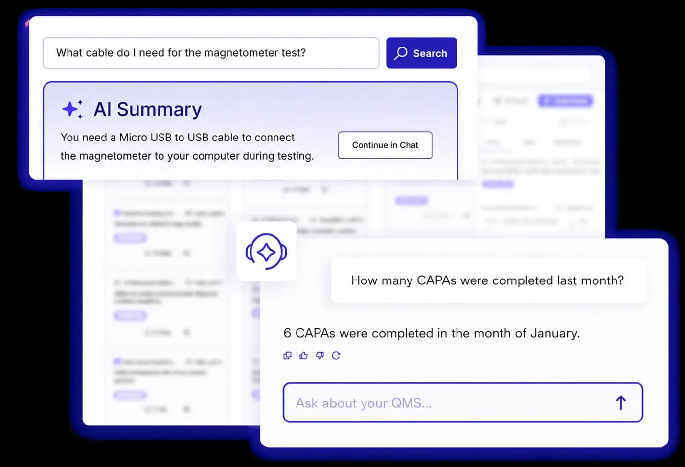 AI search with a summary answer, and chat answering how many CAPAs closed last month