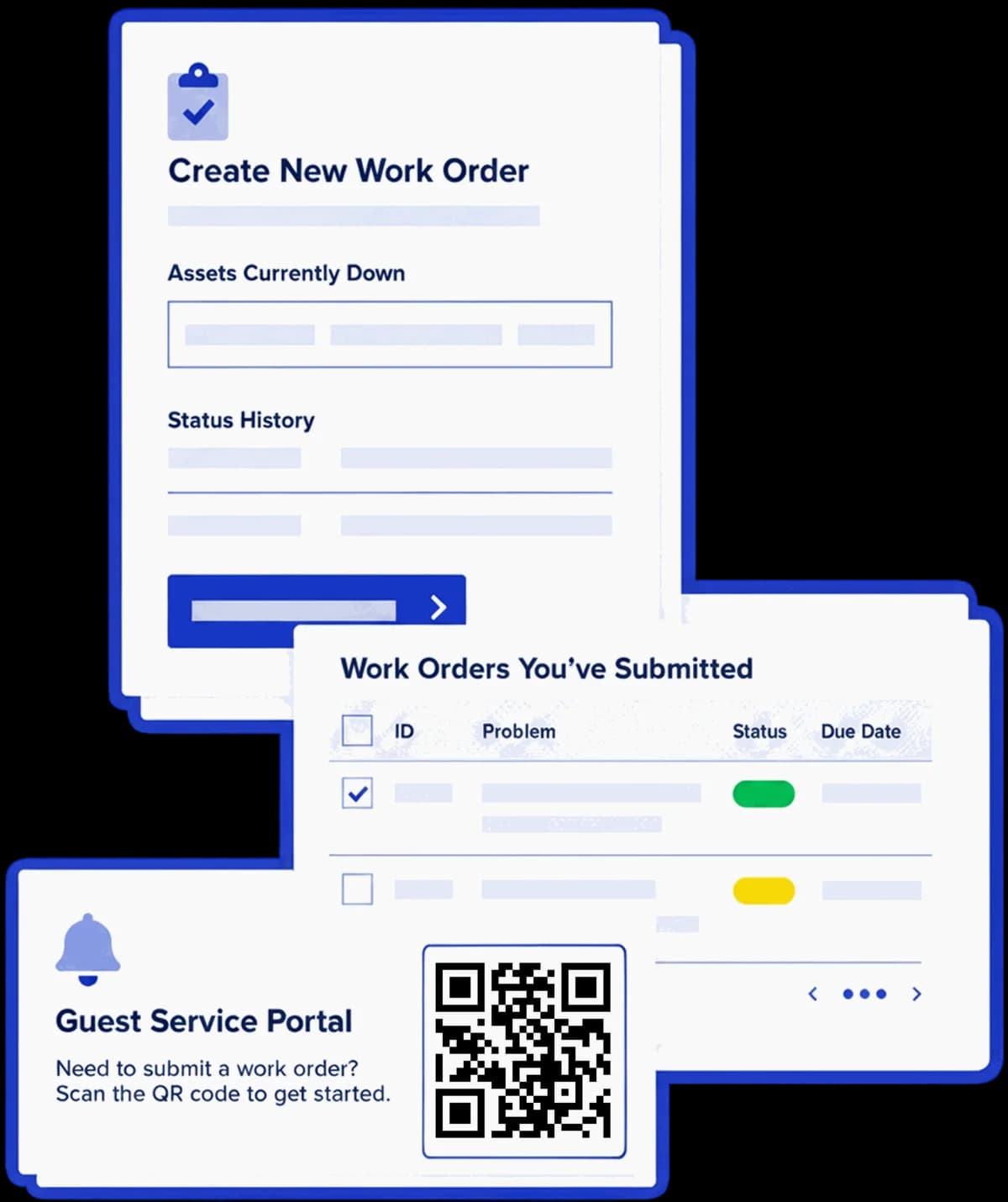 Guest service portal: create a work order, track submitted work orders, and QR code intake